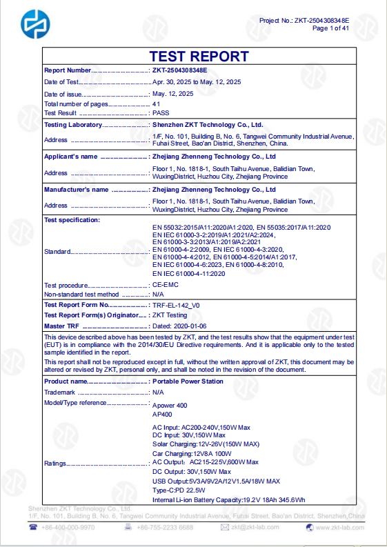Newen Energy CE EMC AP400 certificate