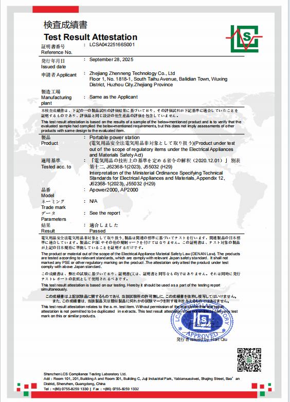 Newen Energy PSE LVD AP2000 certificate