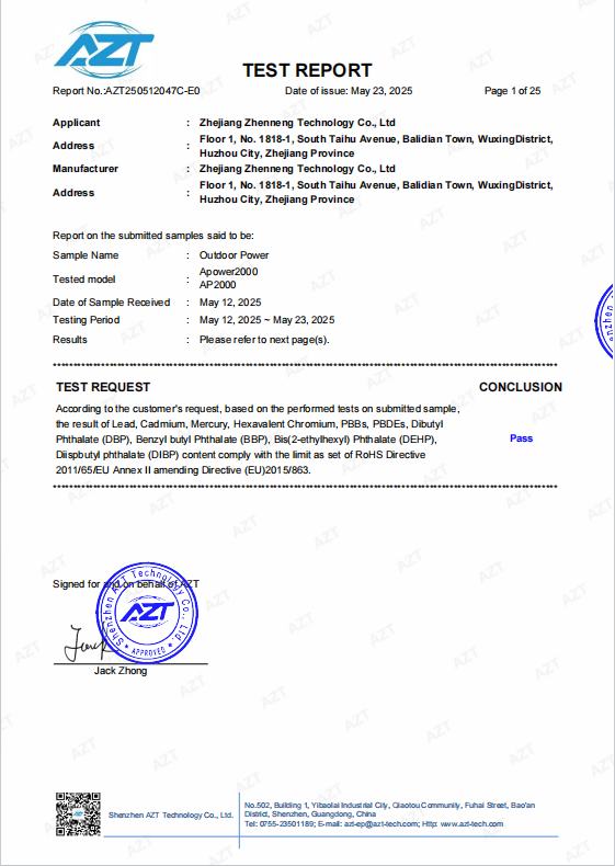 Newen Energy ROHS AP2000 certificate