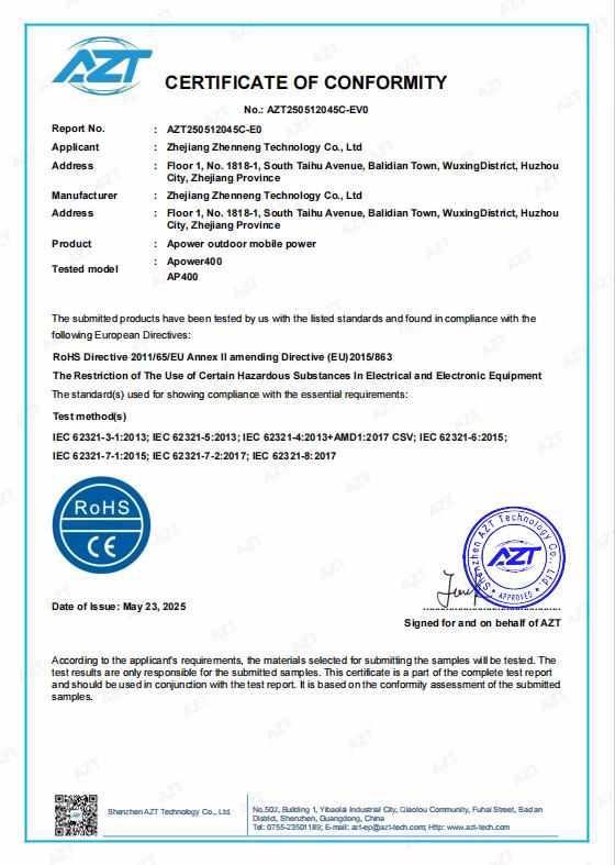 Newen Energy ROHS AP400 certificate